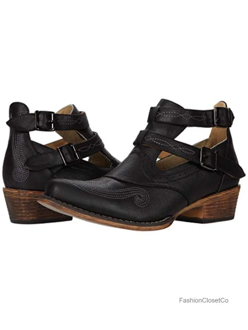 Embroidered Snip Toe Ankle Cowgirl Boots Low Block Heel